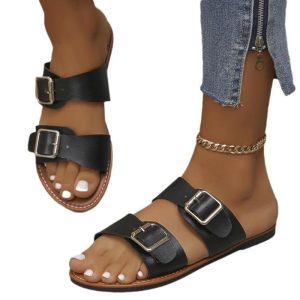 Women’s Brown Leather Double-Buckle Didi Slide Sandal  |  Womens Sandals Sandals Sandals